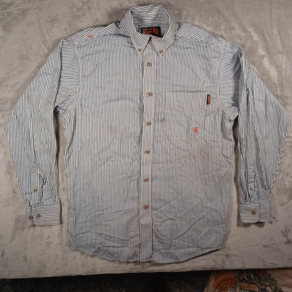 Ariat Work FR Shirt Mens M Blue White Striped Flame Resistant Workwear HRC2 FLAW